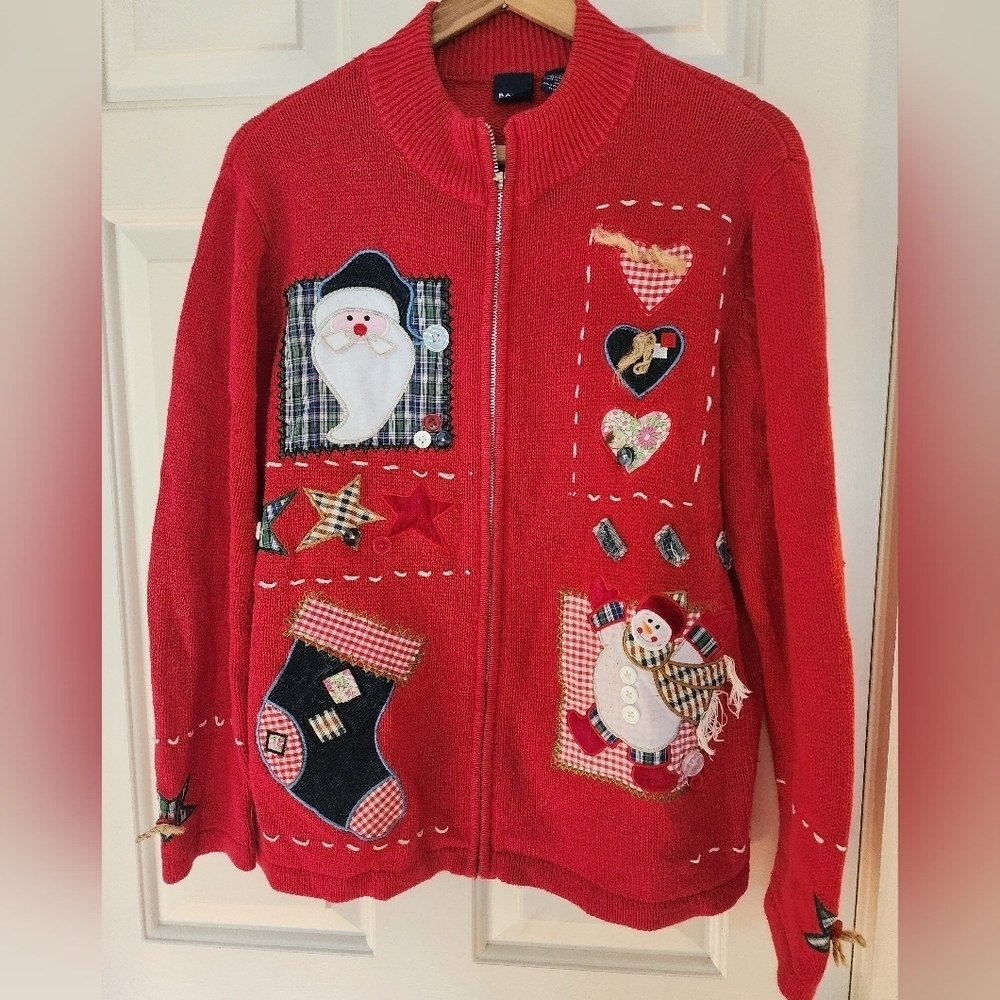 Christmas Holiday Sweater Size Large Ramie Cotton Red Santa Snowman  Patchwork